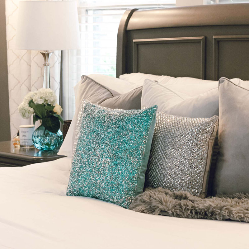 Aqua Velvet Rhinestone Square Throw Pillow with Feather Insert