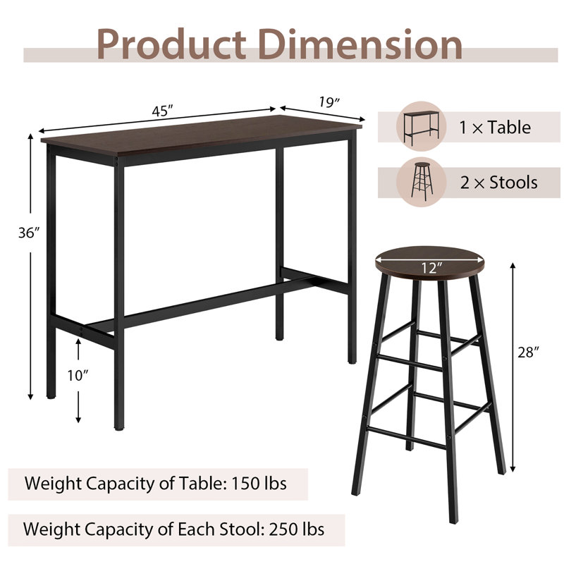 Seamus 2 - Person Four Leg Dining Set, Brown/Black, Brown/Black