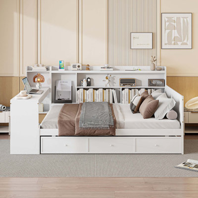 Lit de jour en bois avec 3 tiroirs, ports USB et bureau