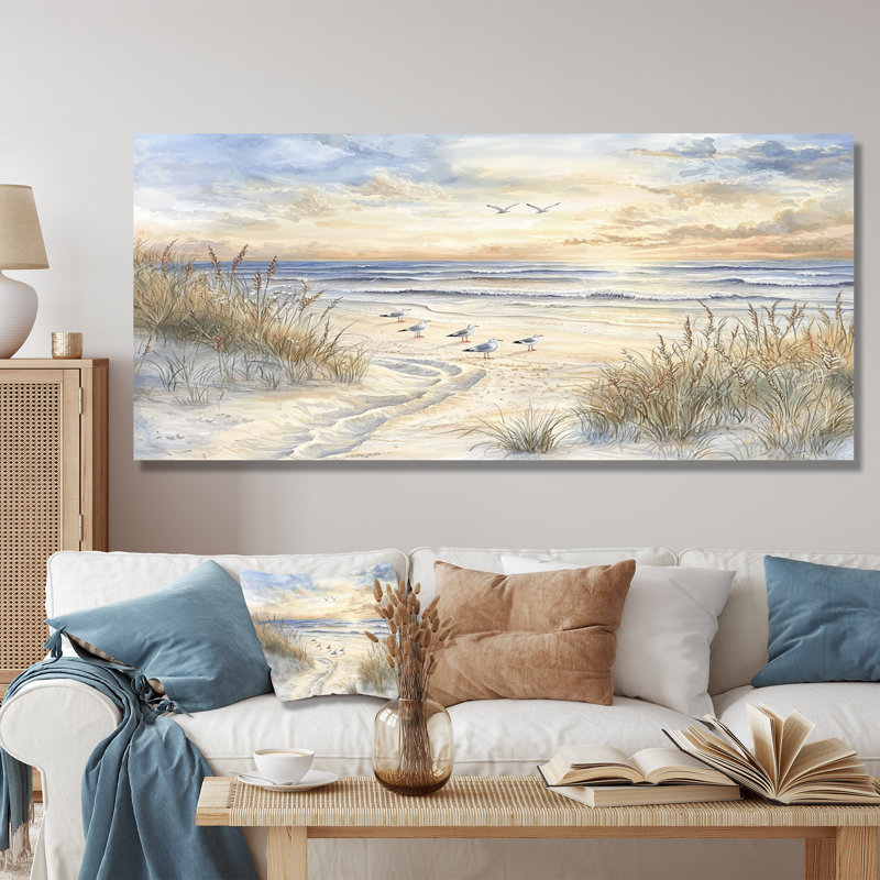 Mouettes sur la plage I - décoration murale en métal nautique, impression sur métal plage, H 28 po x l 60 po