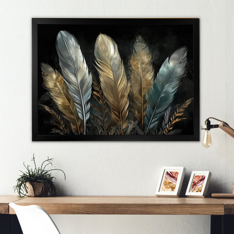 «Roslie Gold Gilded Feathers II», reproduction sur toile, Cadre simple noir, H 12 po x l 20 po x P 1 po