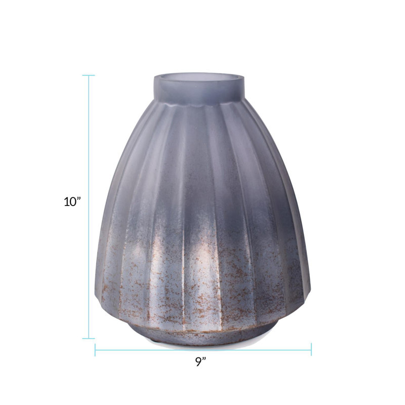 Cool Ice Blue Ribbed Cylindrical Vessel, 10" H x 9" W x 9" D