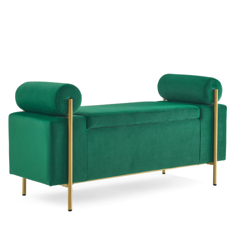 Velvet Bench With Cylindrical Arms And Iron Legs For Home Decoration Style Elegant Hallway Seat Cushioned, Green