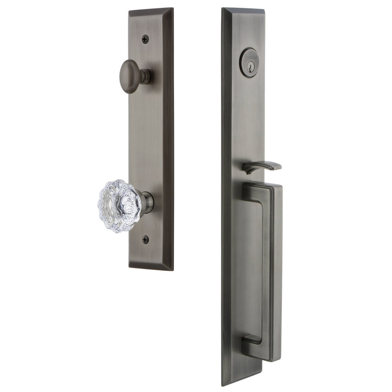 Fifth Avenue Handleset with Single Cylinder Deadbolt and Fontainebleau Door Knob and Rosette, Antique Pewter, 2.375"