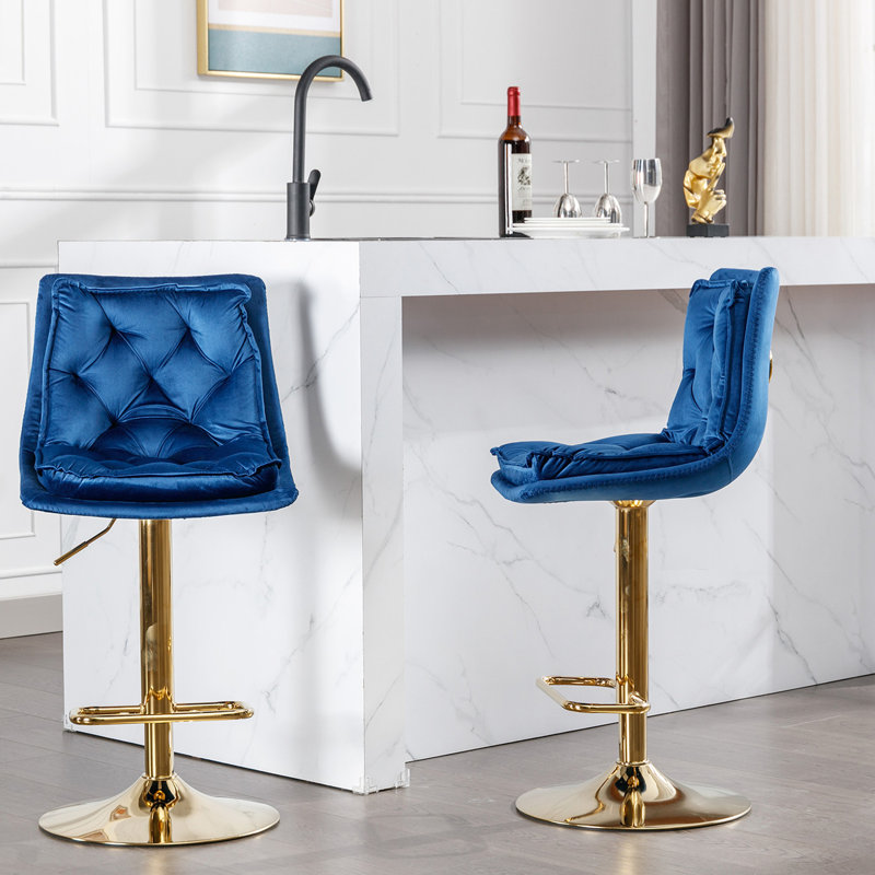Of 2 Bar Stools In Blue, Velvet Covering, Footrest And Base, Adjustable Height Rotating Feature Blue Velvet, With Swiveling, Strong Base