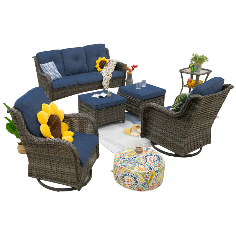 Ensemble de conversation d'extérieur pour 7 personnes avec coussins Ventress, Bleu