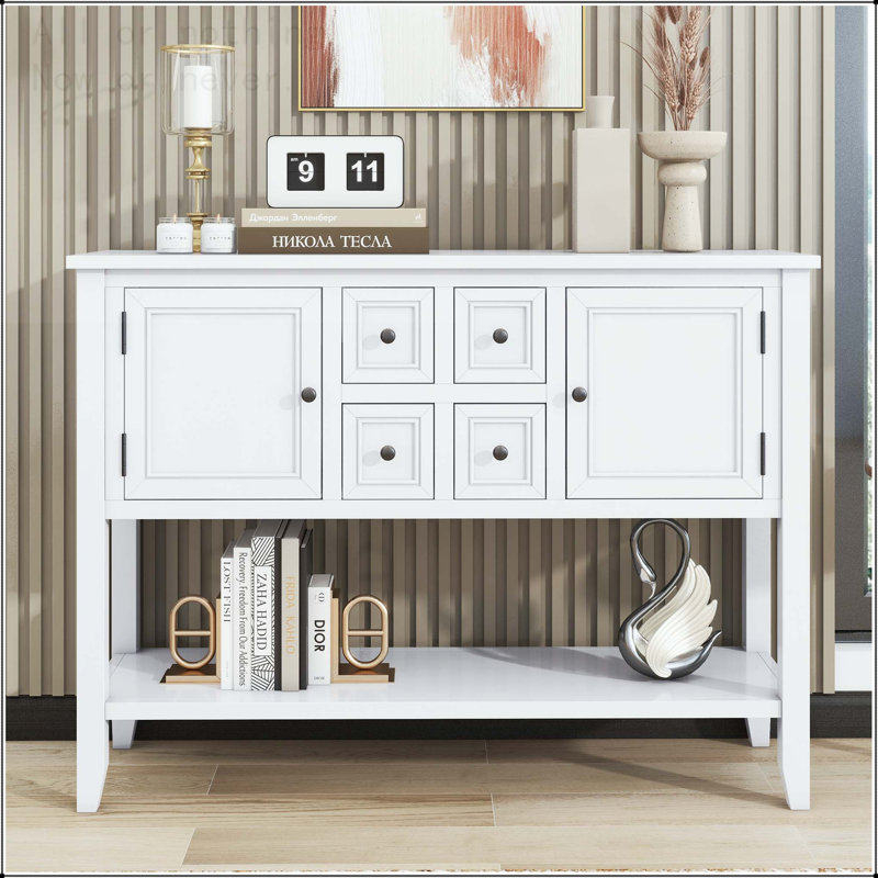 Console rétro avec quatre tiroirs, armoires et tablette inférieure, Blanc