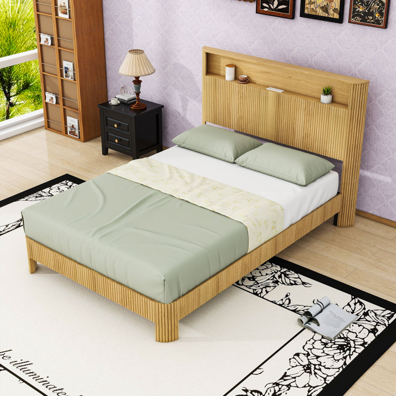 Bed Frame with Charging Station, Full XL, Natural
