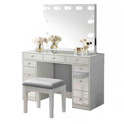 Ensemble de meuble-lavabo 1 pièce avec tabouret avec tiroirs de rangement en verre et miroir central avec ampoules USB et prise de courant au fini blanc et gris