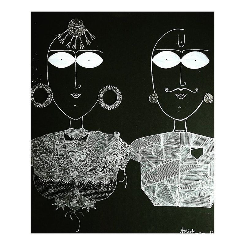 «Beautiful Couple», dessin au trait et techniques mixtes avec cadre - Portrait artistique contemporain indien de 12 po x 8 po par Ashish Agarwal