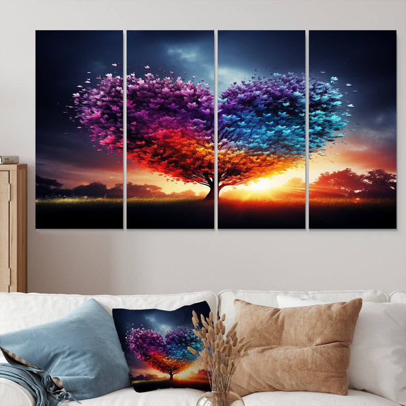 «Blossoming Tree Heart Glorious Sunset», art mural sur toile, 4 pièces, H 32 po x l 64 po