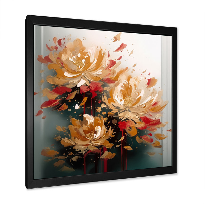 Rouven, fleur rouge doré I - impressions sur toile florales, Cadre photo noir, H 16 po x l 16 po