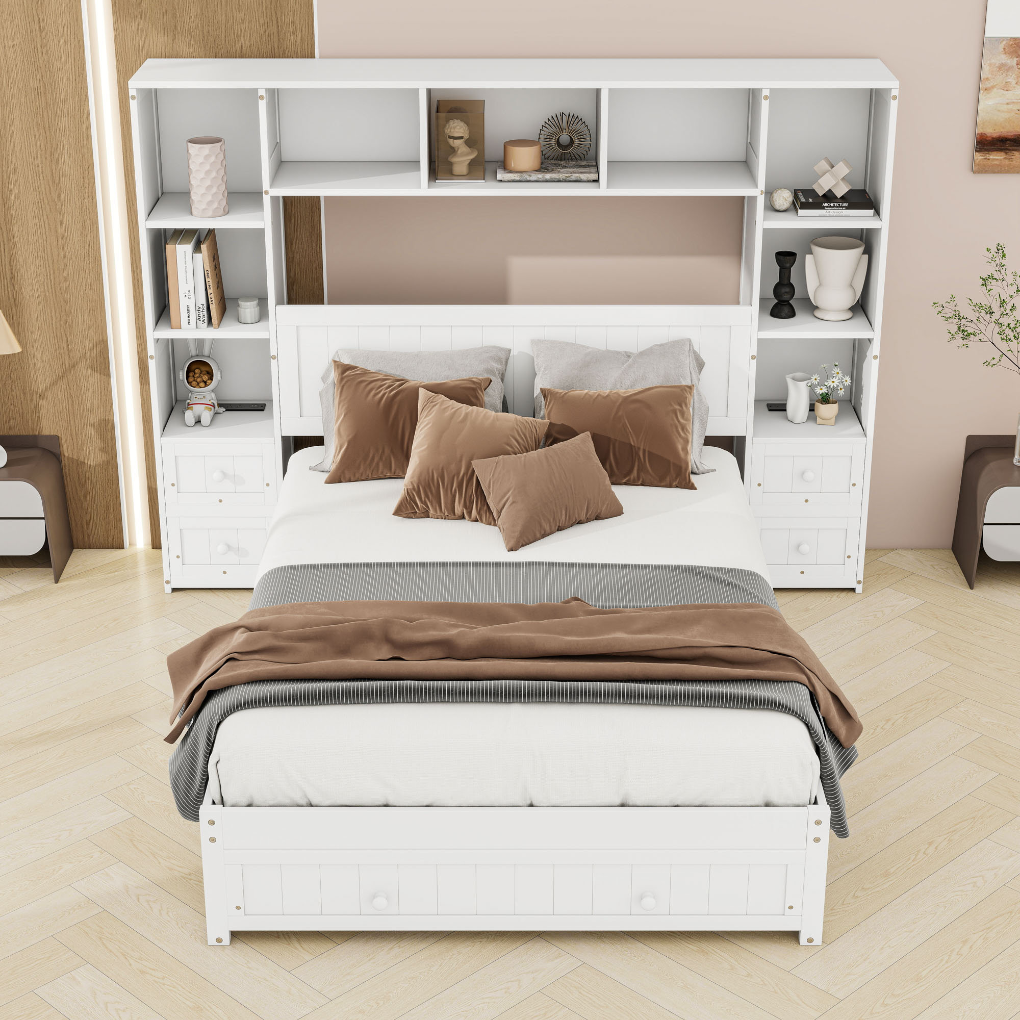 Lark Manor™ Wood Platform Bed with Built-in Charging Stations and Ample