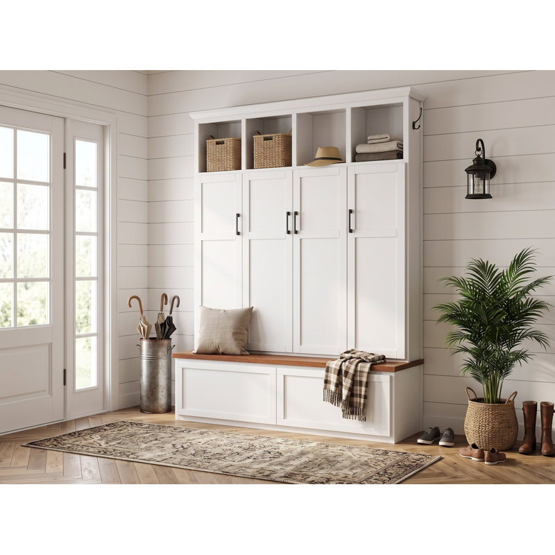 Porte-manteau d'entrée de 55 pouces de large avec rangement de garde-robe dissimulé, banc de rangement de style champêtre et armoires