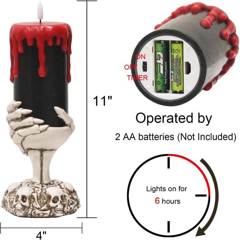 Black Halloween Flameless Candles with 6H Timer - Battery-Operated LED Pillar Candles, Skull Hand Holder, Horror Dripping Wax Decor, Indoor Centerpiece