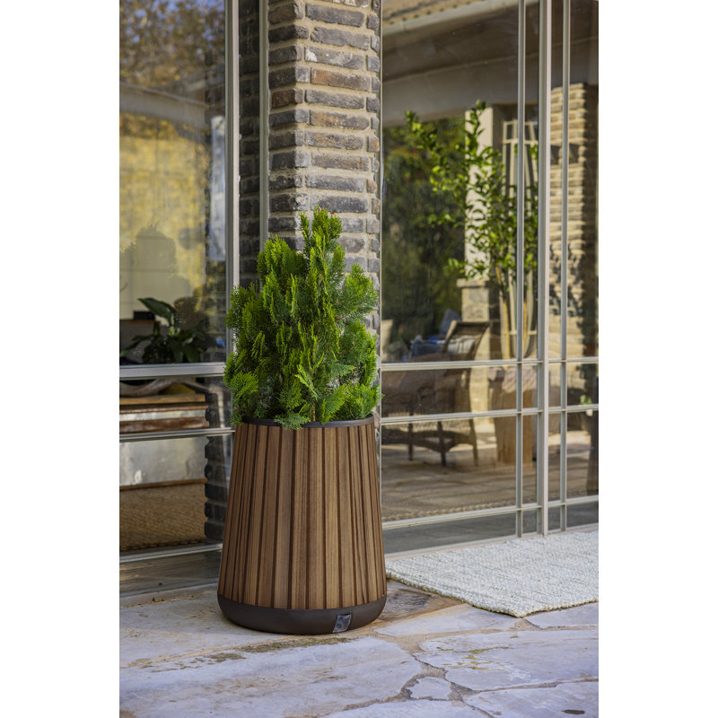 Keter Signature Conic 23.8 Inch Round Large Wood Look Planter for Indoor or Outdoor Flower Pot, Rosewood