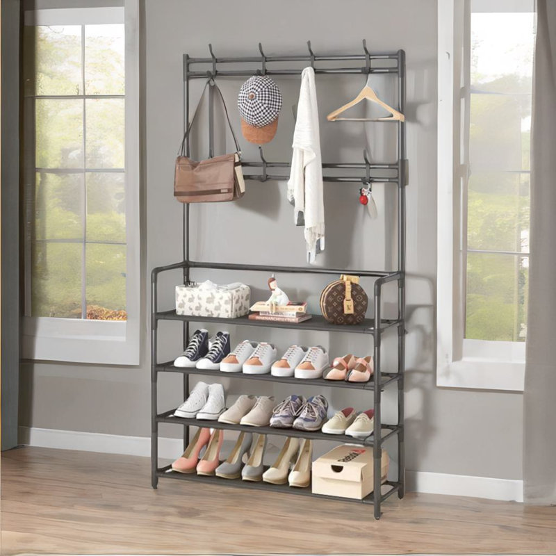 Anngelina Wide Industrial Metal Hall Tree Shoe Rack with Clothes Hangers