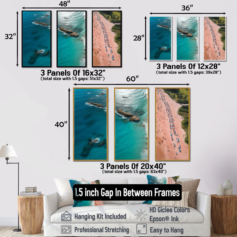 Vue aérienne de la plage bleue et rose - art mural plage et océan, H 28 po x l 36 po x P 1 po, Cadre flottant noir