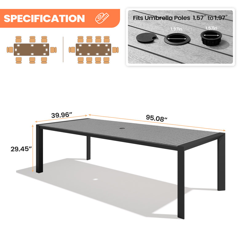 Rectangular Outdoor Dining Table with Umbrella Hole and Aluminum Frame, 29.4" H x 94.3" W x 40.5" D, Dark Gray