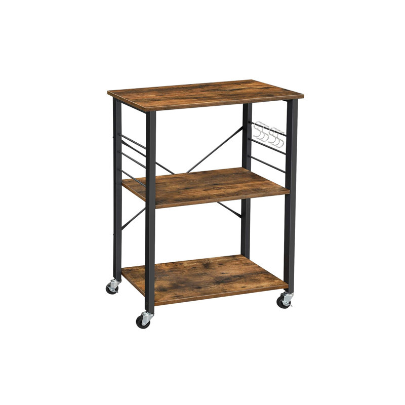 Chariot de service de cuisine industriel sur roulettes avec 3 tablettes, brun rustique et noir