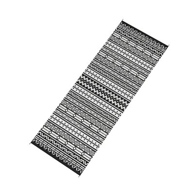 Grand tapis d'extérieur Mez 9 x 18, motif géométrique bohémien noir et blanc
