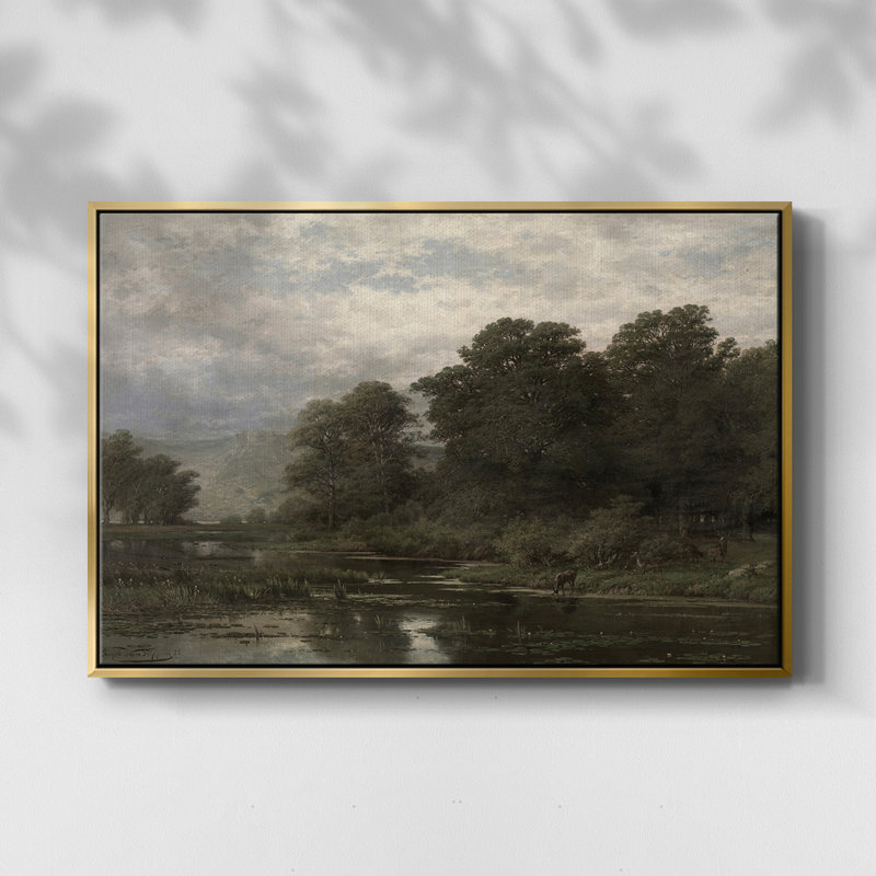 Paysage rétro-CDLxx, Toile avec cadre flottant or, H 27 po x l 41 po x P 2 po