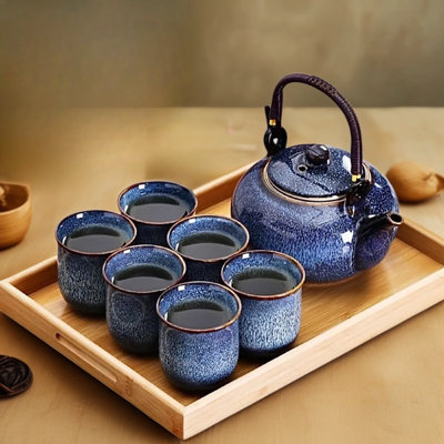 Service à thé japonais La Belle Vie, service à thé en porcelaine bleue 27,7 oz avec théière, infuseur en acier inoxydable, 6 tasses et plateau en bambou, ensemble-cadeau peint à la main pour les amateurs de thé, la famille et les événements