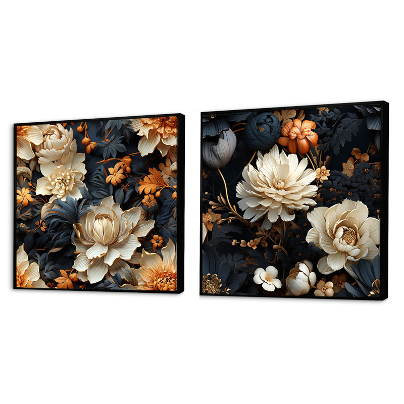 Rochers - Ensemble de 2 collages floraux carrés, H 36 po x l 73 po, Cadre flottant noir