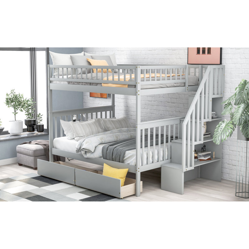 Lit superposé double gris avec deux tiroirs et rangement - Rangement écoénergétique et garantie de 4 barrières de sécurité robustes et de garde-corps inclinés pour une montée en douceur