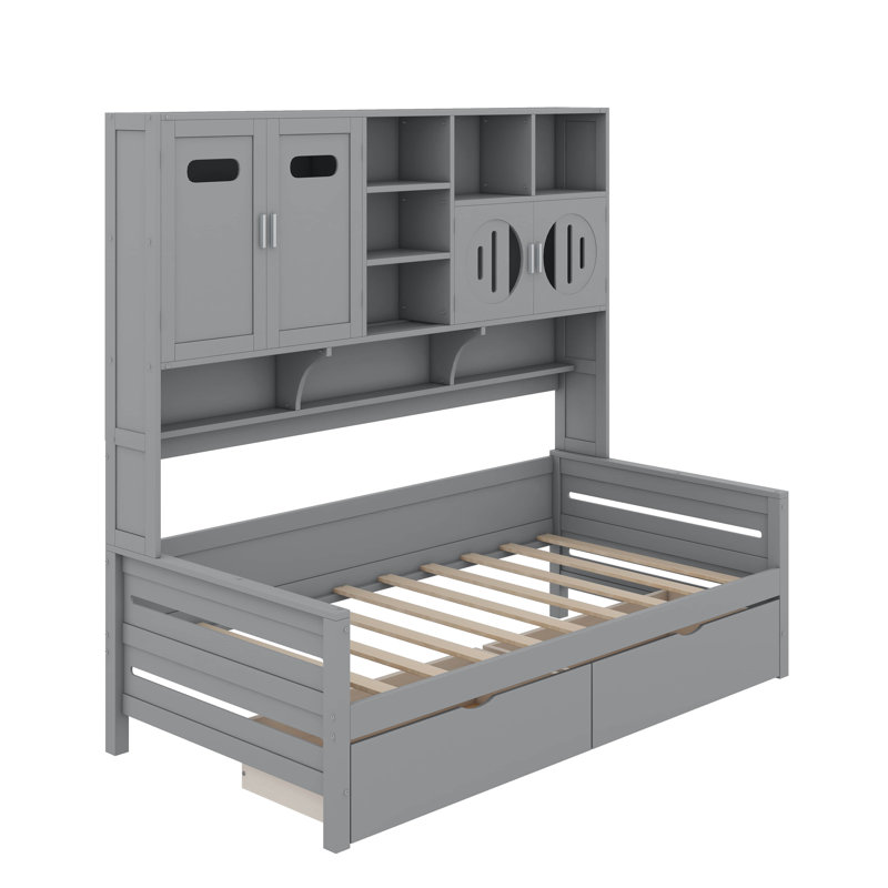Lit de jour en bois avec tiroirs, Gris, Lit simple