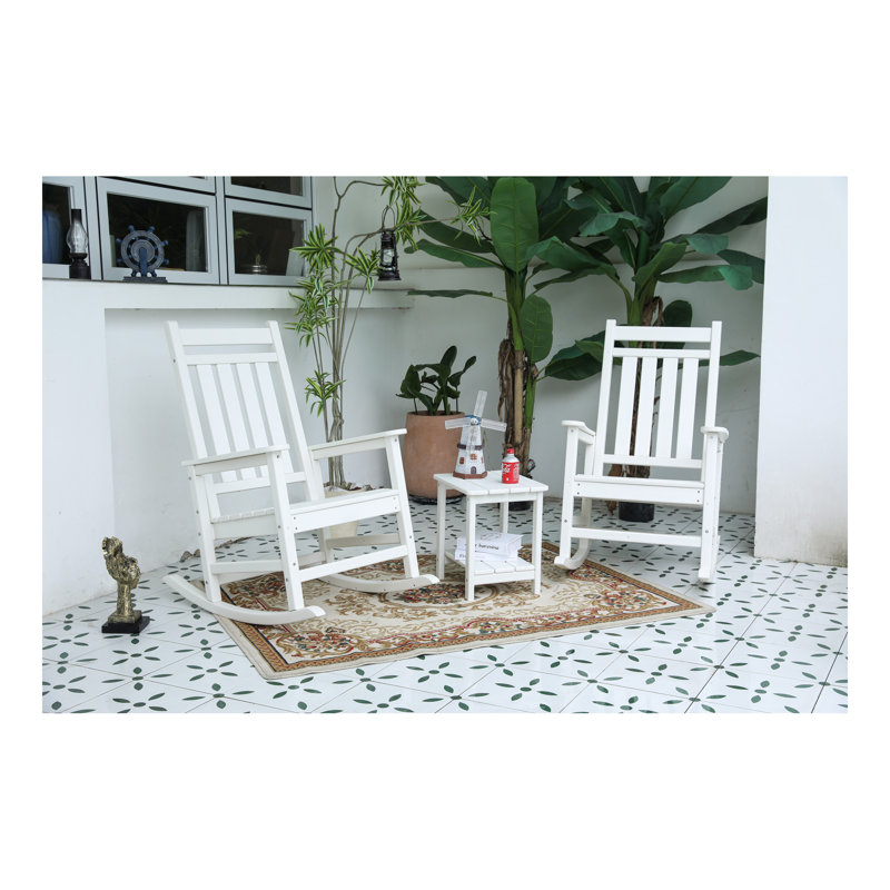 Ensemble de chaises berçantes toutes saisons avec table d'appoint, ensemble de chaises berçantes 3 pièces à texture de bois (comprend 2 chaises berçantes et 1 table)