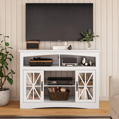 Meuble télé 47 po avec tablettes réglables, console de télévision rétro avec portes en verre et lumières DEL, meuble de rangement multimédia pour salon, chambre à coucher, cuisine, brun