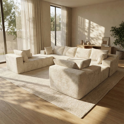137" Upholstered U-Shape Sofa, No Assembly Required, Minimalist Style Velvet Fabric with Ergonomic Deep Seating
