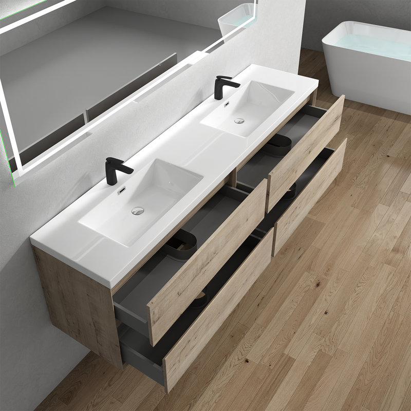 Seavy 83.4'' Double Bathroom Vanity with Plastic Top, Light Oak
