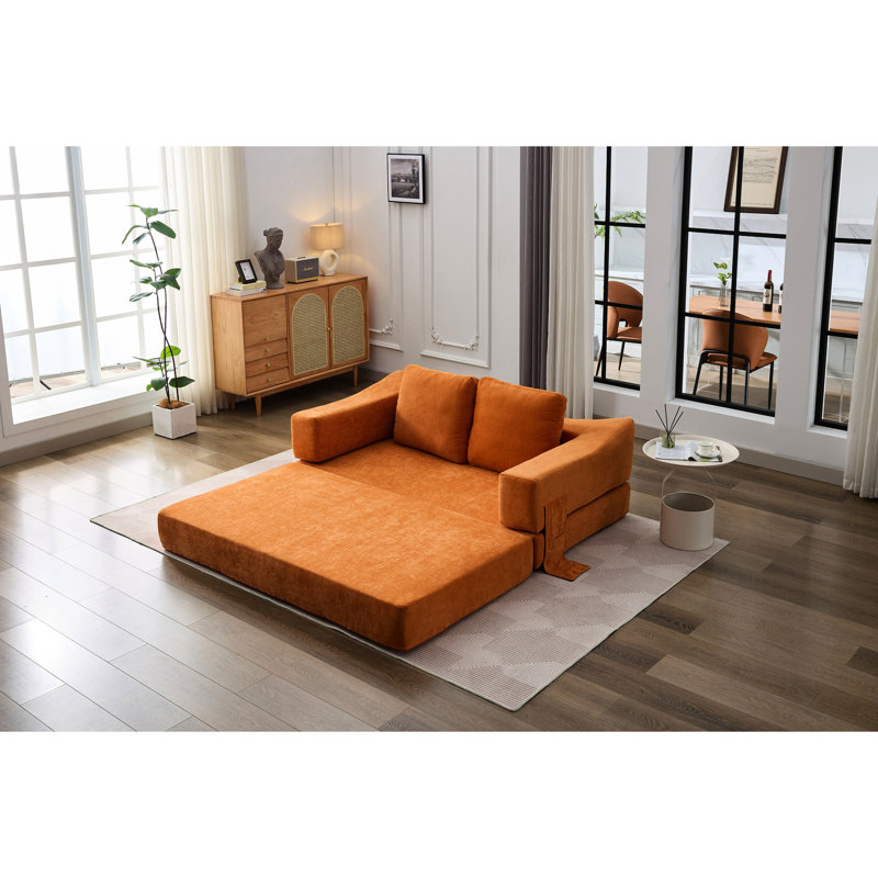 Lit escamotable en chenille de style rétro, de couleur orange - coussin amovible et moelleux pour la détente, base pliable du lit du salon, revêtement en teinture