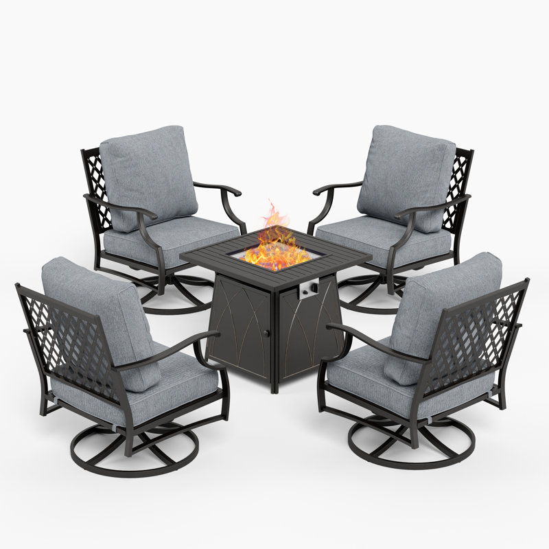 Asfand 4 - Person Outdoor Seating Group with Swivel Lounge Chairs&  Firepit Table, Gray