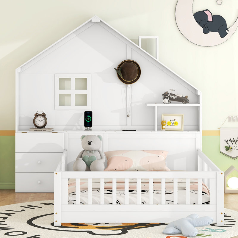 Lit plateforme avec tête de lit multifonctionnelle Ammadies par Harper & Bright Designs, Double, Blanc