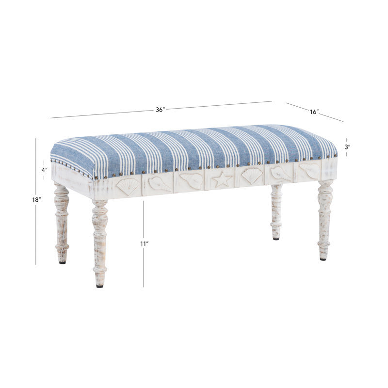 Aaryahi Coastal Carved Seashell 36” Upholstered Bench, Blue/White