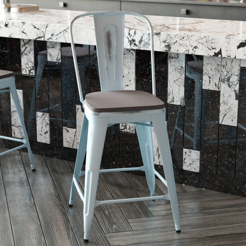 Tabouret à hauteur de comptoir toutes saisons avec siège en résine polyester Brinya, Vert / gris
