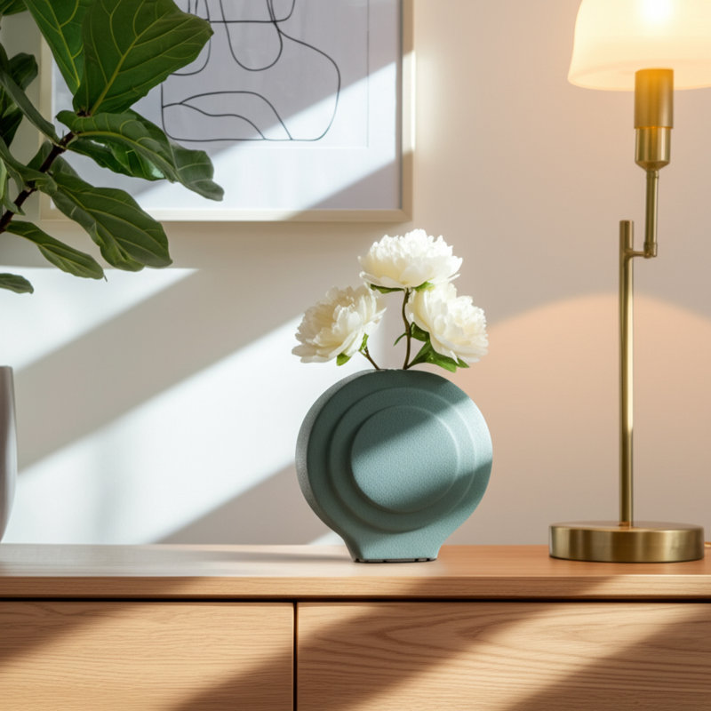 Modern Vase, Stoneware and Dolomite, Sculptural Round Design, Teal Blue