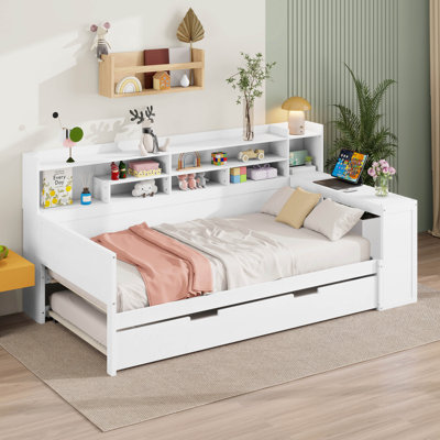 Lit de jour avec lit gigogne, bibliothèque latérale et bureau, tête de lit en bois de pin avec tablettes de rangement pour enfants