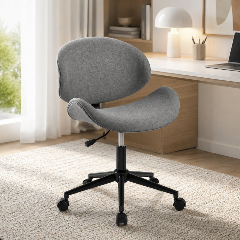 Oliver Linen / Faux Leather Upholstered Swivel & Adjustable-Height Task Chair with Wooden Back & Chrome / Black Metal Base