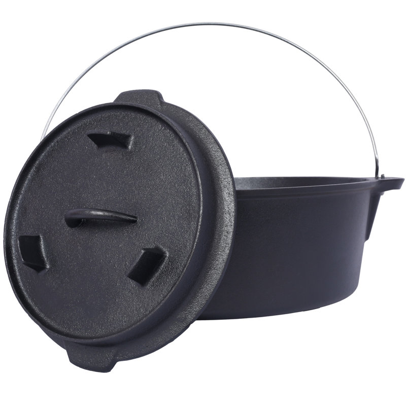 Pre-Seasoned Cast Iron Dutch Oven with Skillet Lid, 8 Quart Deep Cooking Pot with Iron Pot Rack, for Outdoor Campfire Cooking, BBQ and Baking