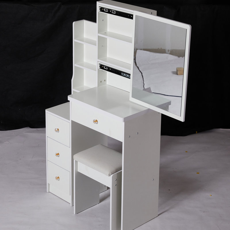 Small Sized Left Vanity Table With Cushioned Seat, Large Sliding Mirror, Multi-Layer Storage, High Capacity Dresser For Rooms, White Compact Bedside Vanity, Includes Chair & Extra Elegant Spaces