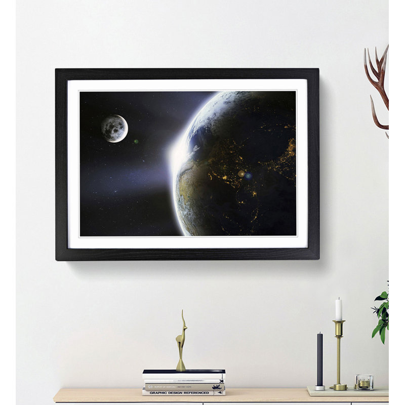 The Moon and Planet Earth - Picture Frame Photograph Print, 36cm H x 48cm W x 2cm D, Black Framed