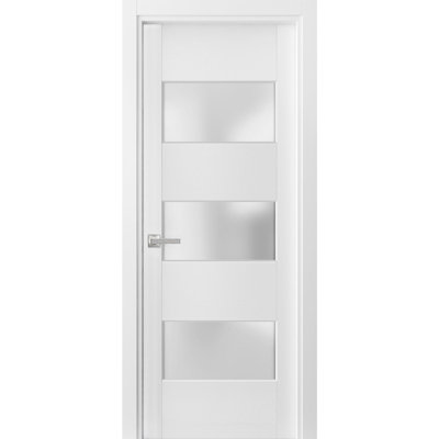 Solid French Pre-Hung Door Frosted Glass 3 Lites | Lucia 4070 | Single Regular Panel Frame Trims Handle | Bathroom Bedroom Sturdy Doors