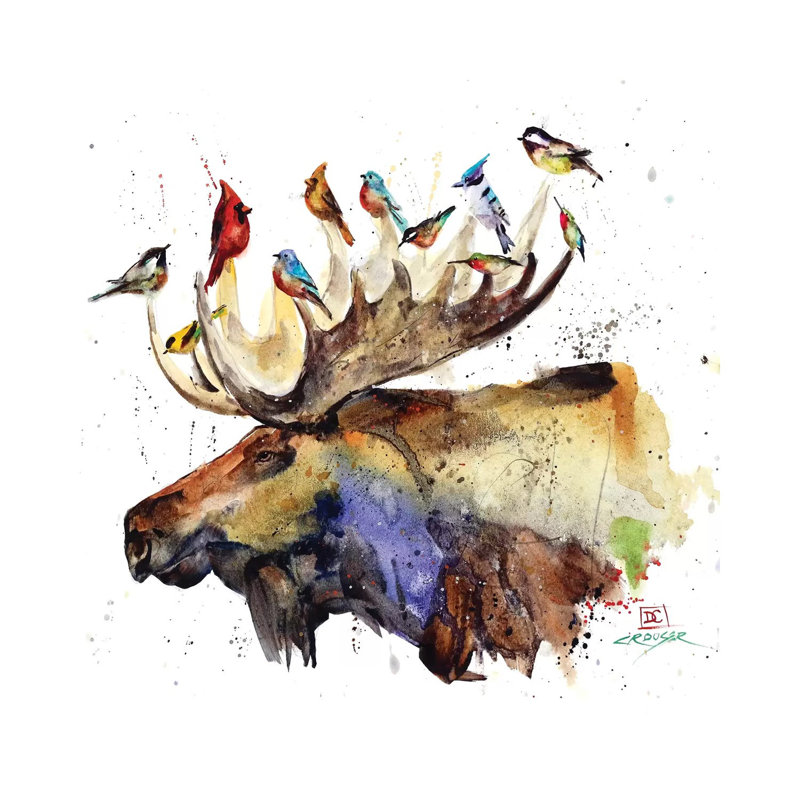 «Moose and Birds» par Dean Crouser - reproduction d'art, H 12 po x l 12 po x P 0,75 po, Toile tendue, Pas de tapis