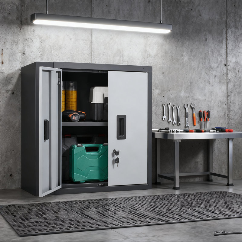 Armoire murale pliable en métal de 29,14 po x 28,94 po x 4,93 po avec tablette réglable, 4 portes magnétiques et serrure (2 clés), parfaite pour le garage / bureau / maison, Scratch / Rangement d'outils résistant à la corrosion