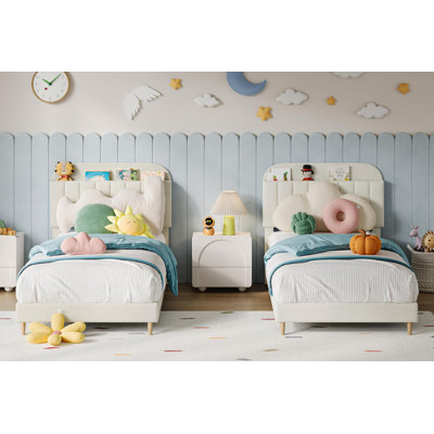 2 Pack Twin Velvet Upholstered Bed Frame with Bookcase Headboard, Platform Bed with Steel Support Legs, No Box Spring Needed, Cream White