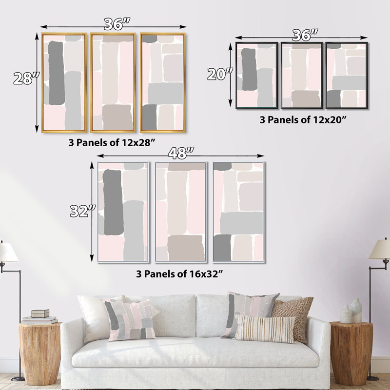 «Pink and Grey Pastel II», reproduction de cadre photo sur toile 3 pièces, Cadre noir, H 32 po x l 48 po x P 1 po